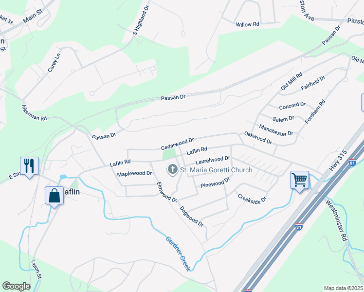map of restaurants, bars, coffee shops, grocery stores, and more near 107 Cedarwood Drive in Wilkes-Barre