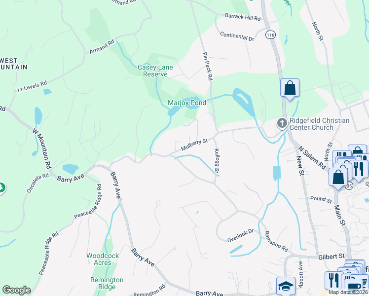 map of restaurants, bars, coffee shops, grocery stores, and more near 32 Mulberry Street in Ridgefield