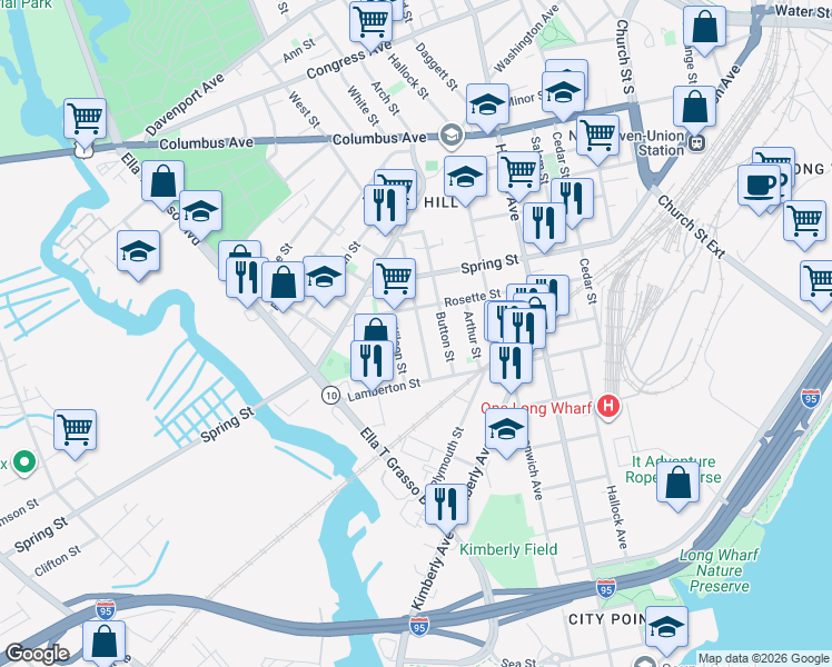 map of restaurants, bars, coffee shops, grocery stores, and more near 48 Hurlburt Street in New Haven