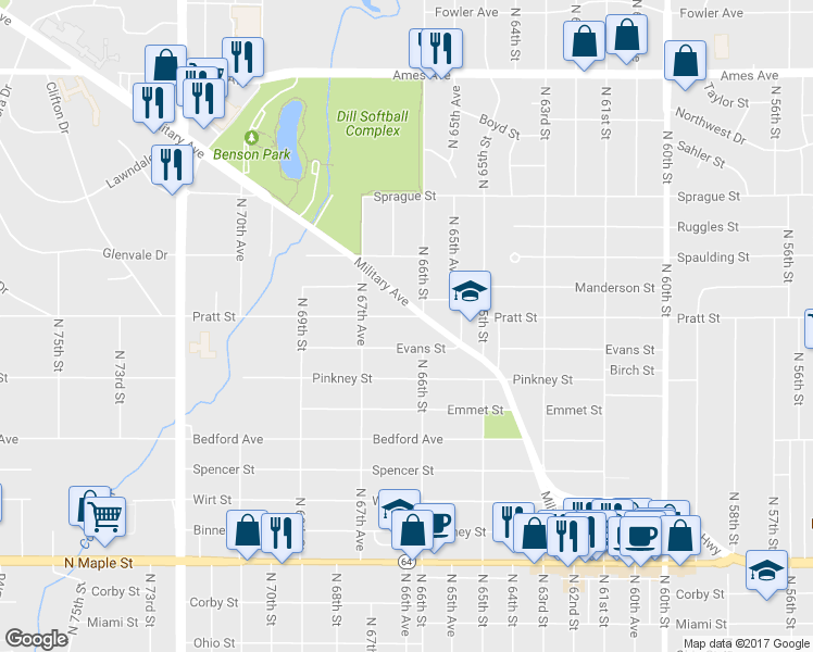 map of restaurants, bars, coffee shops, grocery stores, and more near 6613 Pratt Street in Omaha