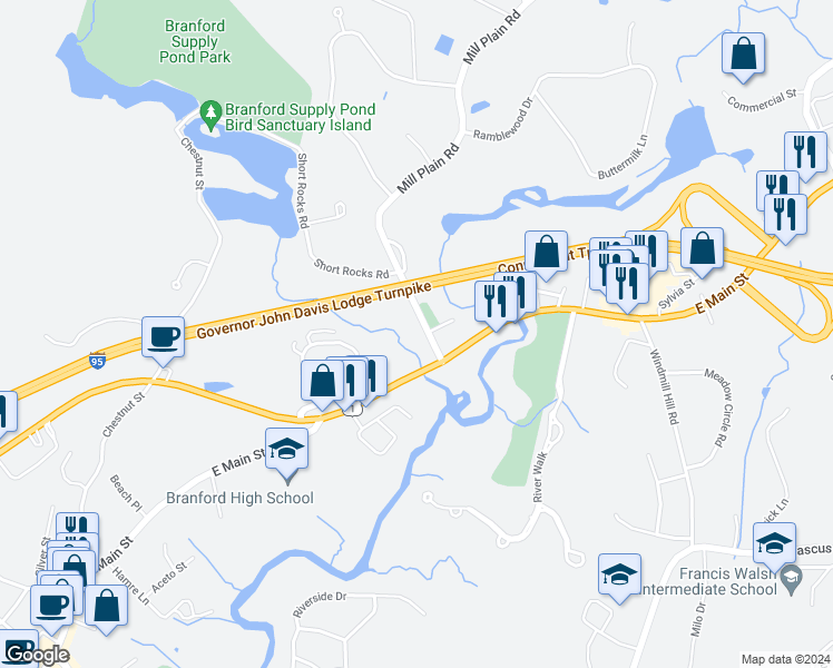 map of restaurants, bars, coffee shops, grocery stores, and more near 16 Mill Plain Road in Branford