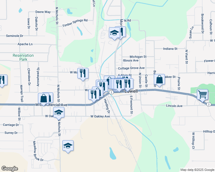 map of restaurants, bars, coffee shops, grocery stores, and more near 121 Halstead Street in Lowell