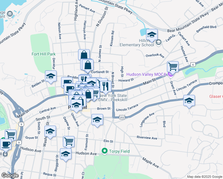 map of restaurants, bars, coffee shops, grocery stores, and more near 1138 Main Street in Peekskill
