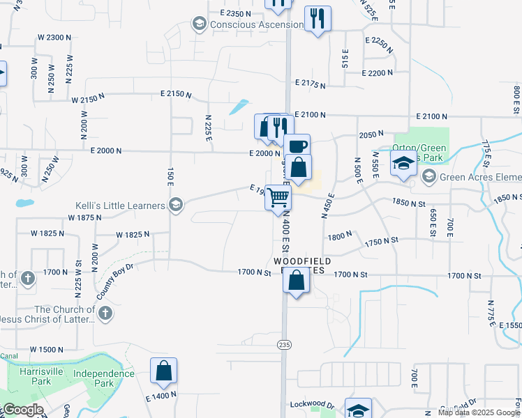 map of restaurants, bars, coffee shops, grocery stores, and more near 382 East 1850 North in North Ogden