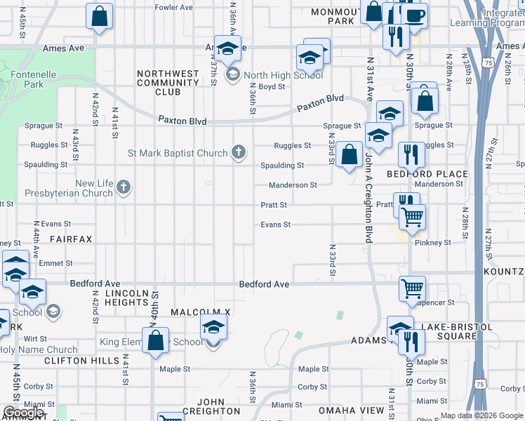 map of restaurants, bars, coffee shops, grocery stores, and more near 3489 Pratt Street in Omaha