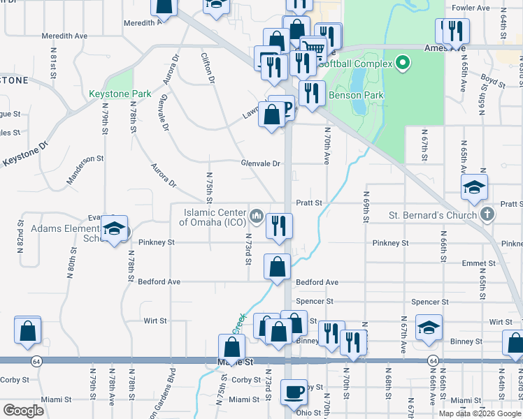map of restaurants, bars, coffee shops, grocery stores, and more near 7237 Pratt Street in Omaha