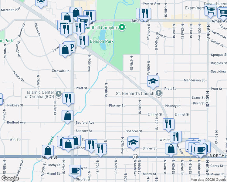 map of restaurants, bars, coffee shops, grocery stores, and more near 6779 Pratt St in Omaha