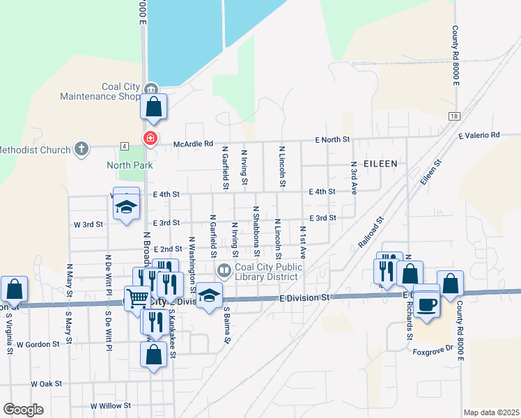 map of restaurants, bars, coffee shops, grocery stores, and more near 345 North Shabbona Street in Coal City