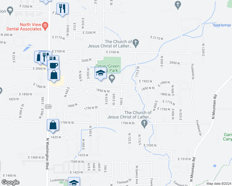 map of restaurants, bars, coffee shops, grocery stores, and more near 655 1850 North Street in Ogden