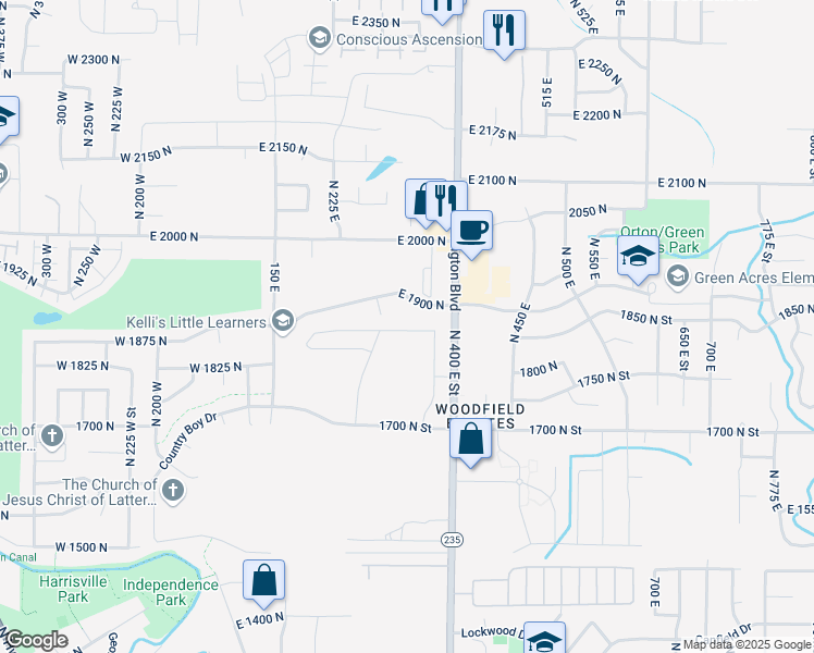 map of restaurants, bars, coffee shops, grocery stores, and more near 352 East 1850 North in North Ogden
