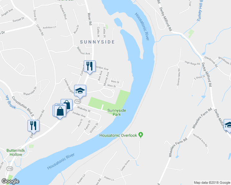 map of restaurants, bars, coffee shops, grocery stores, and more near 70 Sunnyside Drive in Shelton