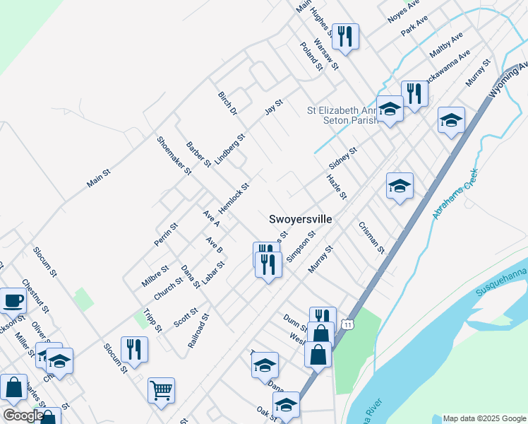 map of restaurants, bars, coffee shops, grocery stores, and more near 39 Gillespie Street in Swoyersville