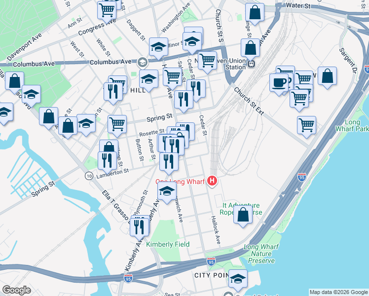 map of restaurants, bars, coffee shops, grocery stores, and more near 3 Kimberly Avenue in New Haven