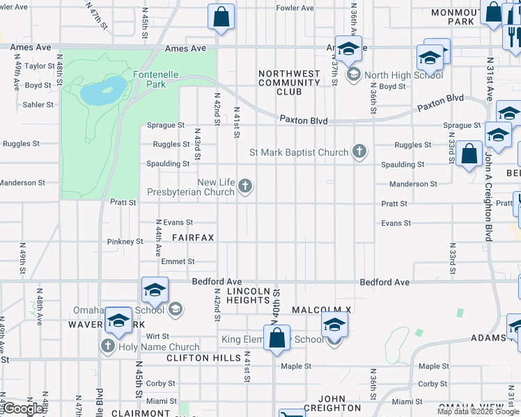 map of restaurants, bars, coffee shops, grocery stores, and more near 4015 Pratt Street in Omaha
