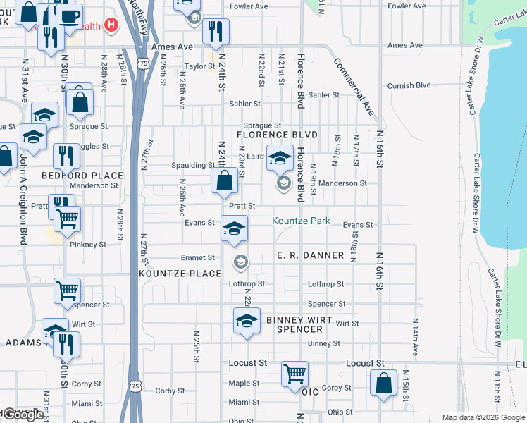 map of restaurants, bars, coffee shops, grocery stores, and more near 2111 Pratt St in Omaha