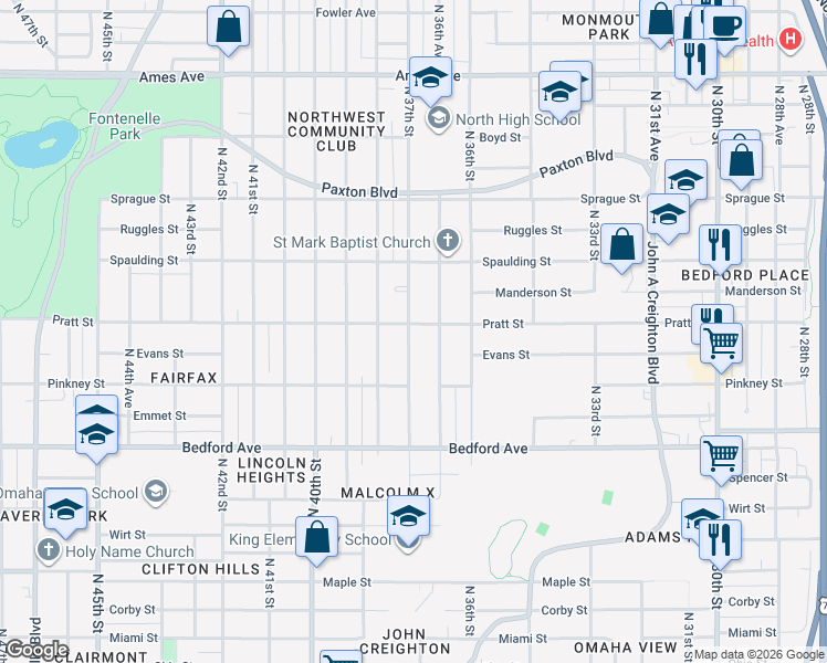 map of restaurants, bars, coffee shops, grocery stores, and more near 3671 Pratt Street in Omaha