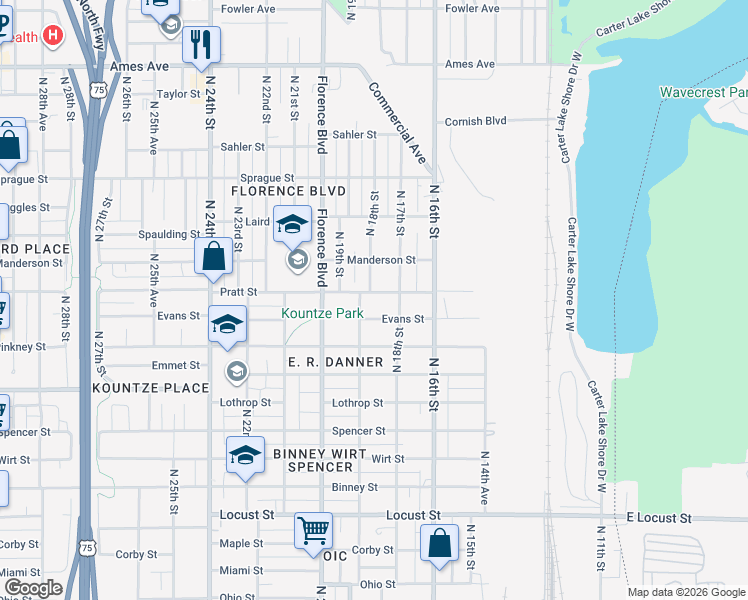 map of restaurants, bars, coffee shops, grocery stores, and more near 1823 Pratt Street in Omaha
