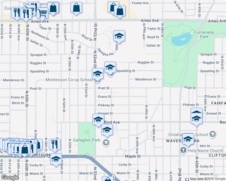 map of restaurants, bars, coffee shops, grocery stores, and more near 5051 Pratt St in Omaha