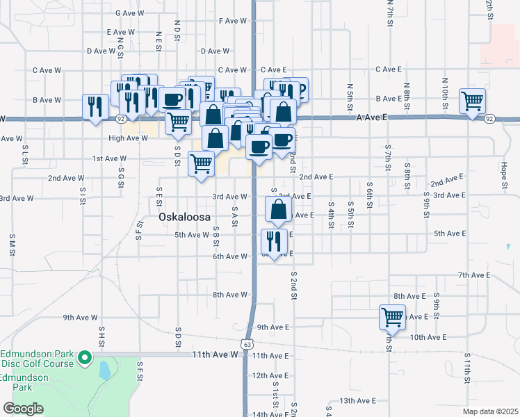 map of restaurants, bars, coffee shops, grocery stores, and more near 101-199 4th Ave E in Oskaloosa