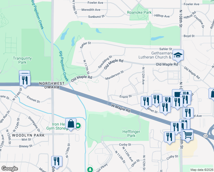 map of restaurants, bars, coffee shops, grocery stores, and more near 3630 North 114th Avenue in Omaha