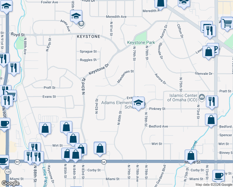 map of restaurants, bars, coffee shops, grocery stores, and more near 8014 Evans Street in Omaha