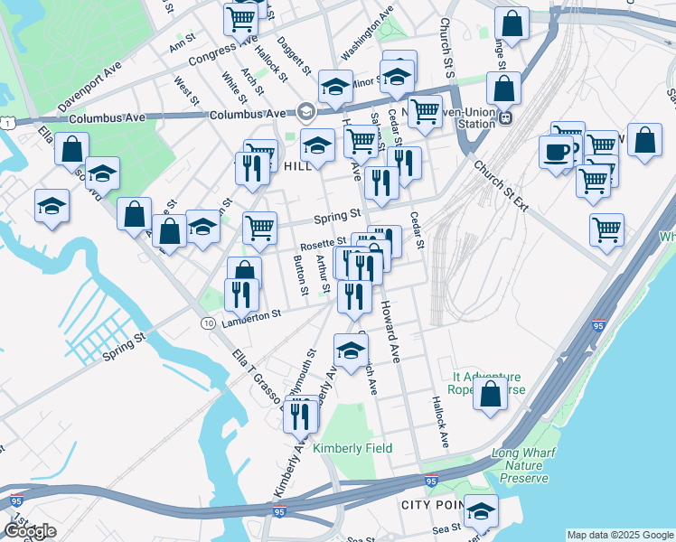 map of restaurants, bars, coffee shops, grocery stores, and more near 32 Dewitt Street in New Haven