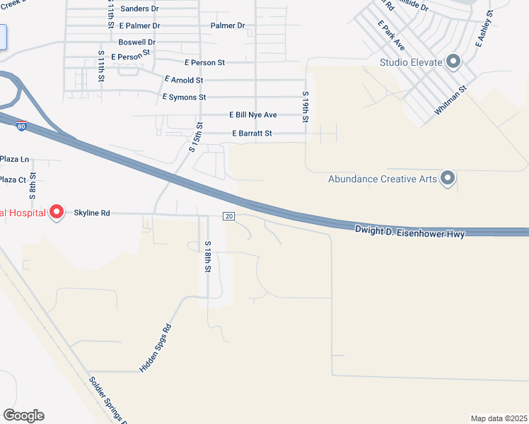 map of restaurants, bars, coffee shops, grocery stores, and more near 2399 Skyline Road in Laramie