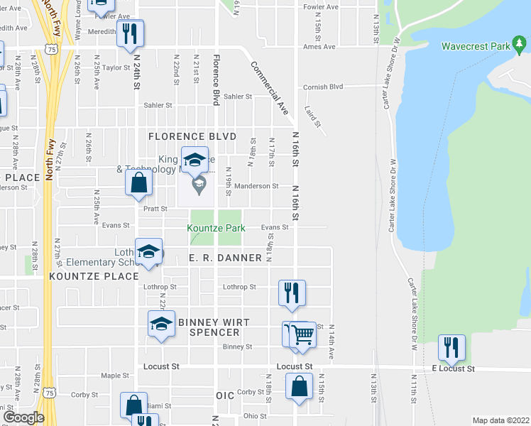 map of restaurants, bars, coffee shops, grocery stores, and more near 1805 Pratt Street in Omaha