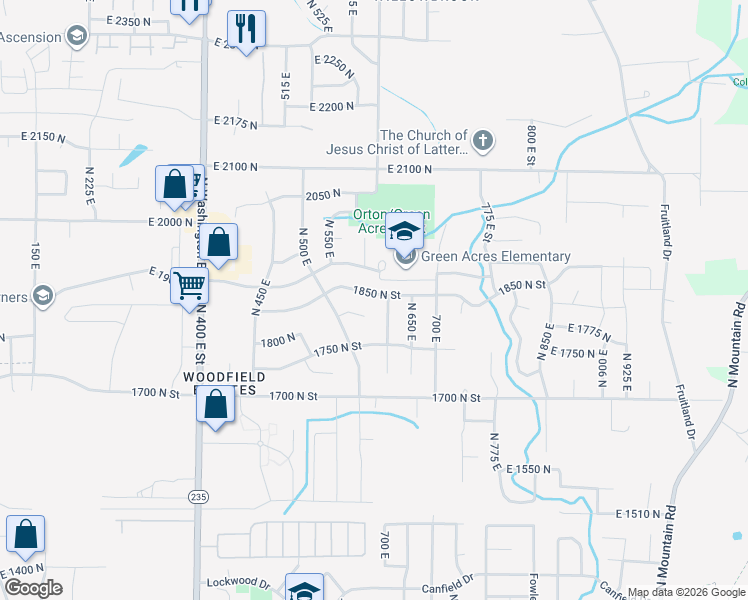 map of restaurants, bars, coffee shops, grocery stores, and more near 605 1850 North Street in Ogden