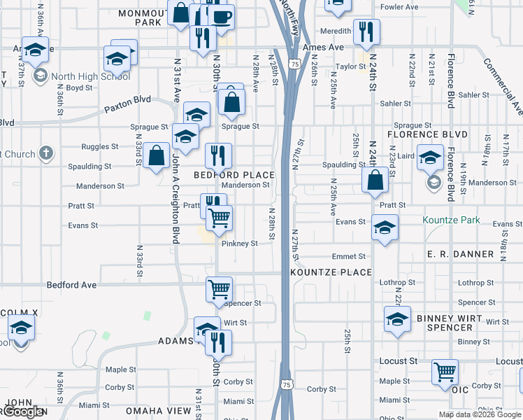 map of restaurants, bars, coffee shops, grocery stores, and more near 3538 North 28th Street in Omaha