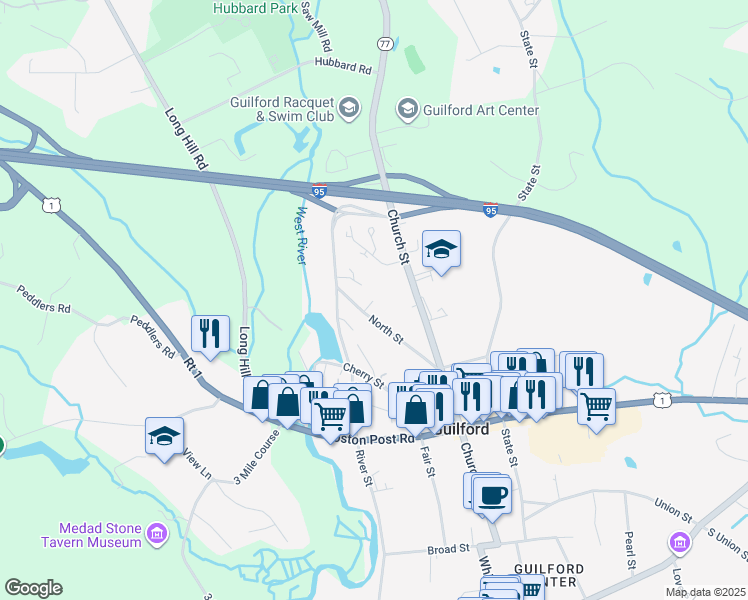 map of restaurants, bars, coffee shops, grocery stores, and more near Guilford Court in Guilford
