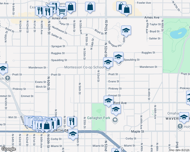 map of restaurants, bars, coffee shops, grocery stores, and more near 5315 Pratt Street in Omaha