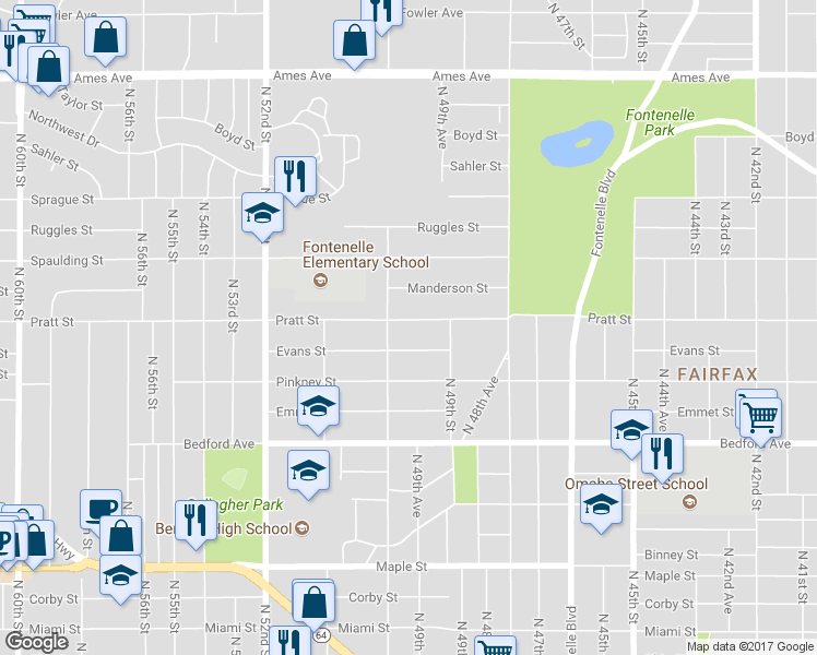 map of restaurants, bars, coffee shops, grocery stores, and more near 4935 Pratt Street in Omaha