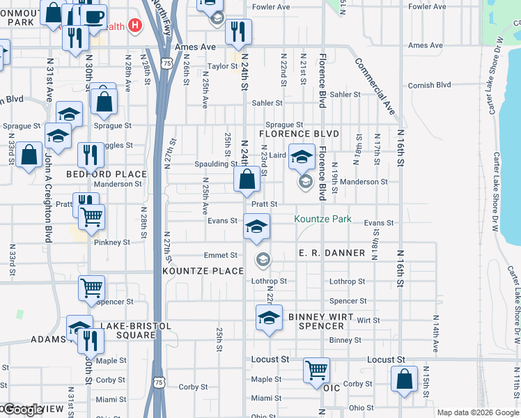 map of restaurants, bars, coffee shops, grocery stores, and more near 2211 Pratt Street in Omaha