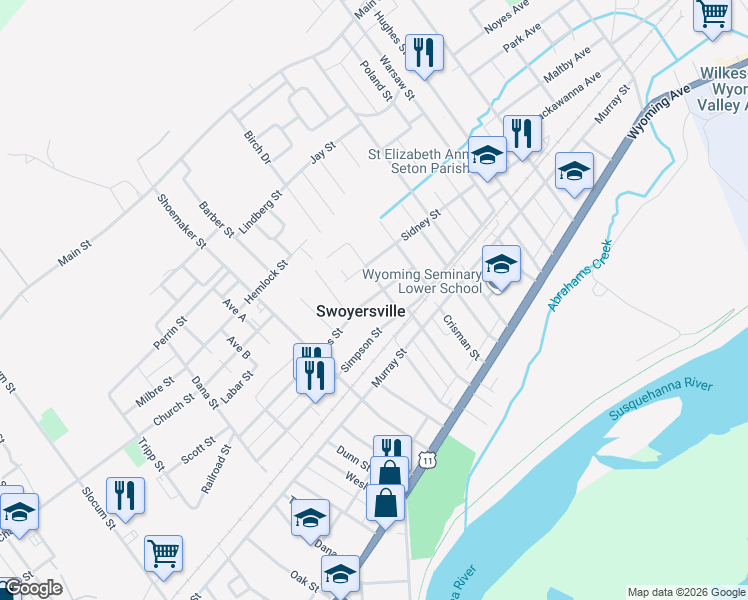 map of restaurants, bars, coffee shops, grocery stores, and more near 223 Watkins Street in Swoyersville