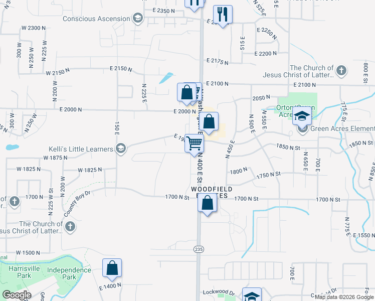 map of restaurants, bars, coffee shops, grocery stores, and more near 385 East 1900 North in North Ogden