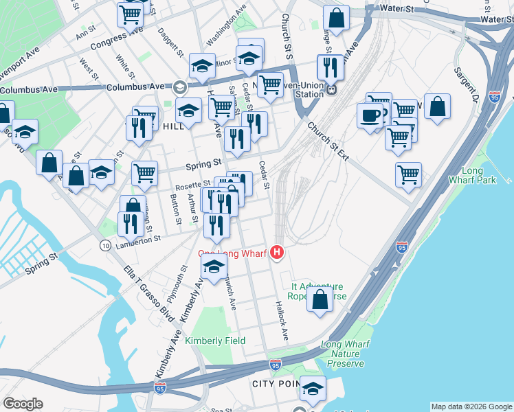 map of restaurants, bars, coffee shops, grocery stores, and more near 24 Cassius Street in New Haven