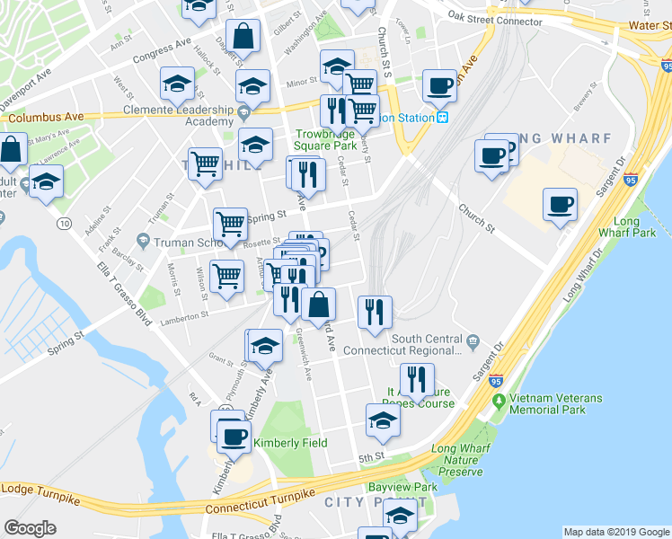 map of restaurants, bars, coffee shops, grocery stores, and more near 24 Cassius Street in New Haven