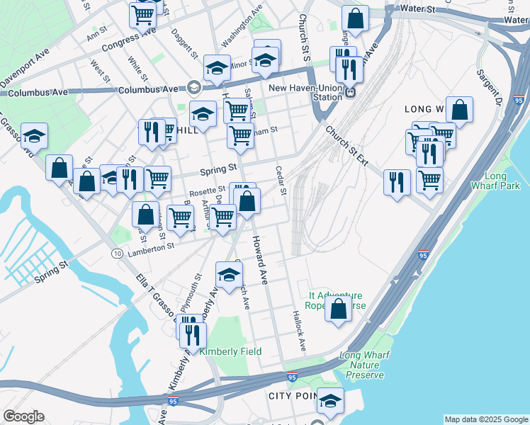 map of restaurants, bars, coffee shops, grocery stores, and more near 24 Cassius Street in New Haven