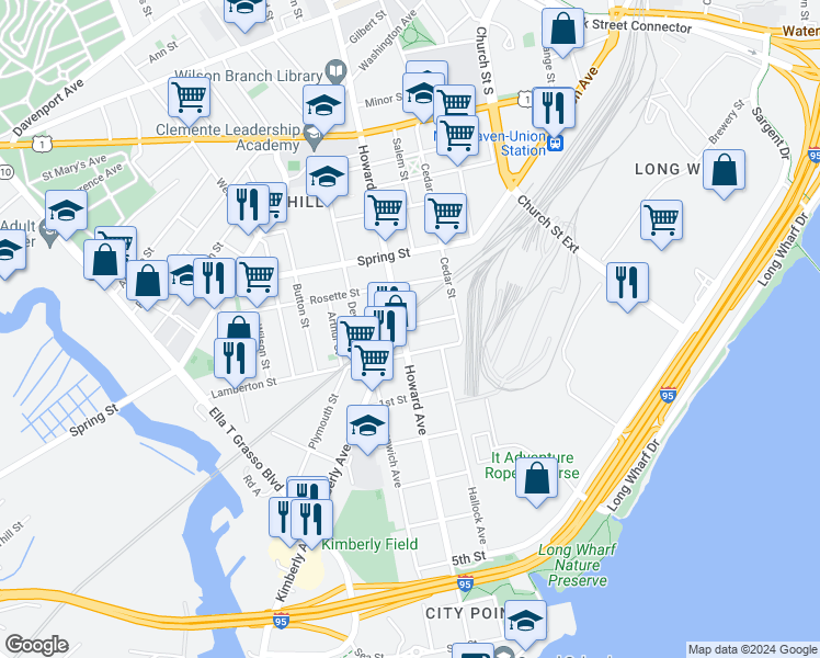 map of restaurants, bars, coffee shops, grocery stores, and more near 3 Kimberly Avenue in New Haven