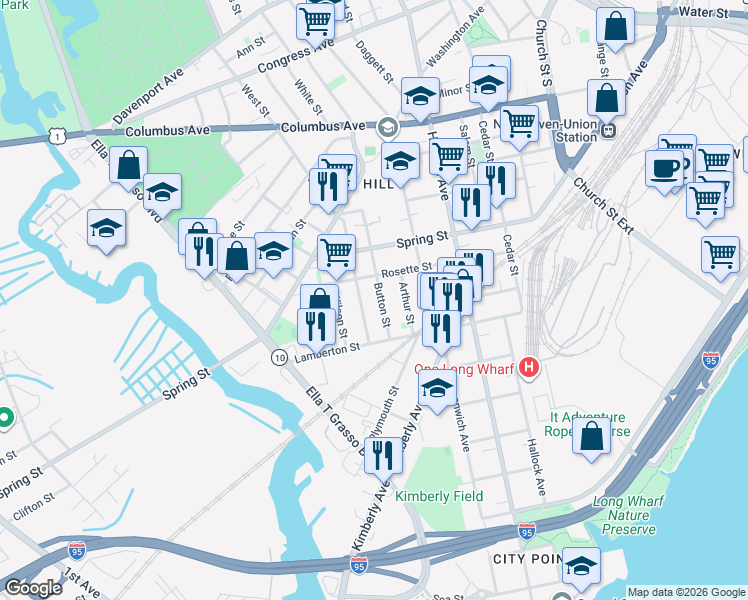 map of restaurants, bars, coffee shops, grocery stores, and more near 33 Button Street in New Haven