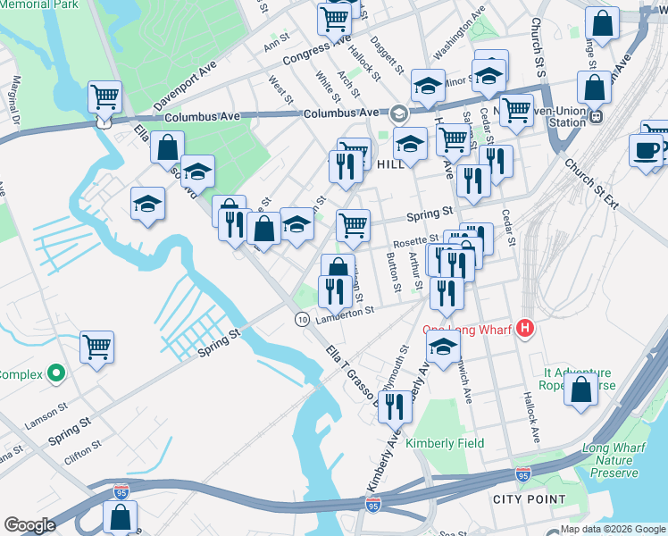 map of restaurants, bars, coffee shops, grocery stores, and more near 103 Morris Street in New Haven