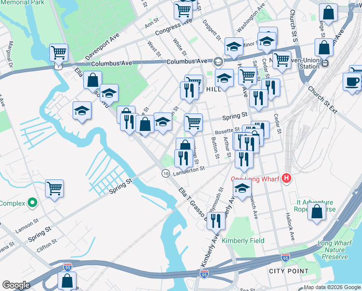 map of restaurants, bars, coffee shops, grocery stores, and more near 103 Morris Street in New Haven