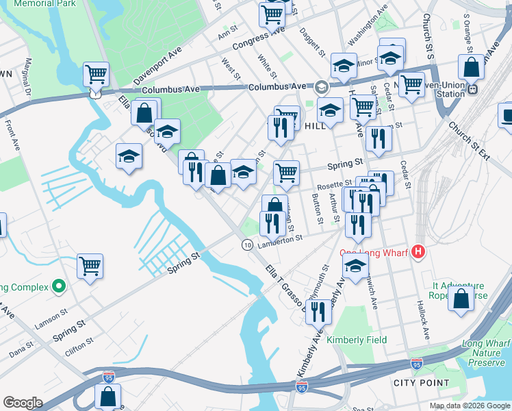 map of restaurants, bars, coffee shops, grocery stores, and more near in New Haven