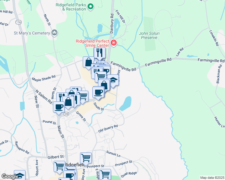 map of restaurants, bars, coffee shops, grocery stores, and more near 98 Danbury Rd in Ridgefield