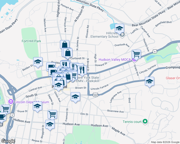 map of restaurants, bars, coffee shops, grocery stores, and more near 1138 Main Street in Peekskill