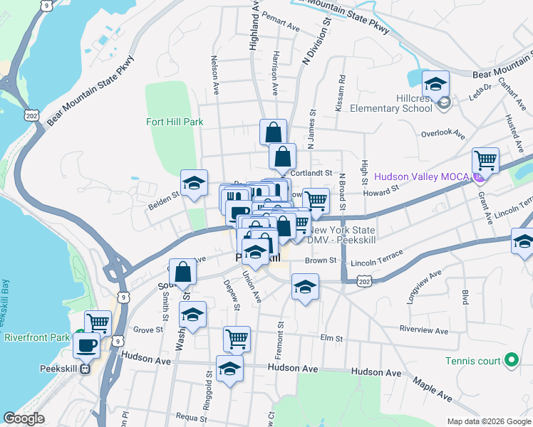 map of restaurants, bars, coffee shops, grocery stores, and more near 994 Main Street in Peekskill