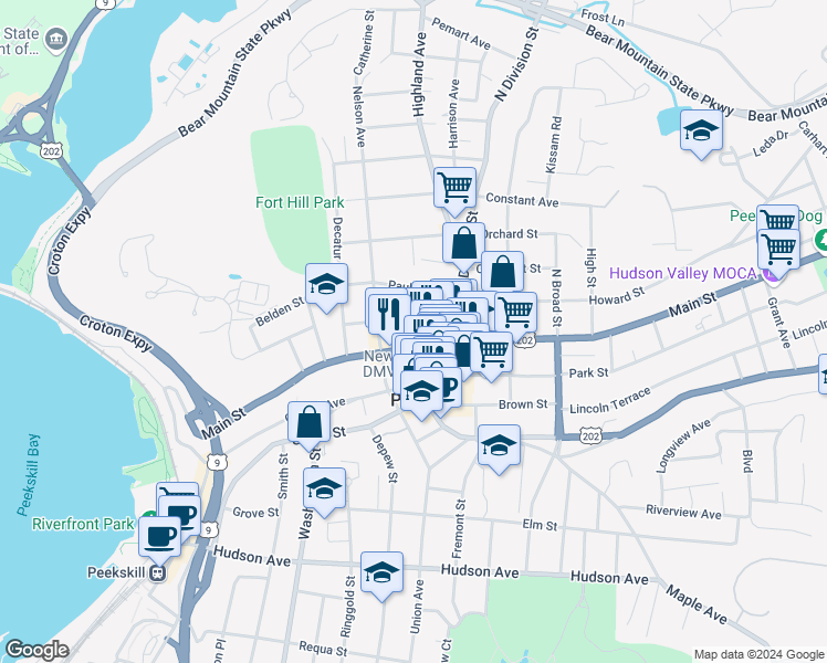 map of restaurants, bars, coffee shops, grocery stores, and more near 922 Main Street in Peekskill