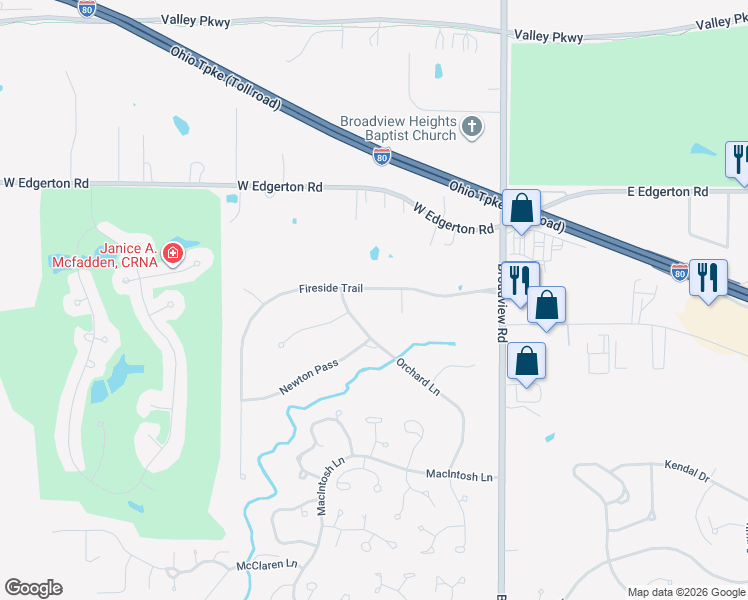 map of restaurants, bars, coffee shops, grocery stores, and more near 1127 Fireside Trail in Broadview Heights