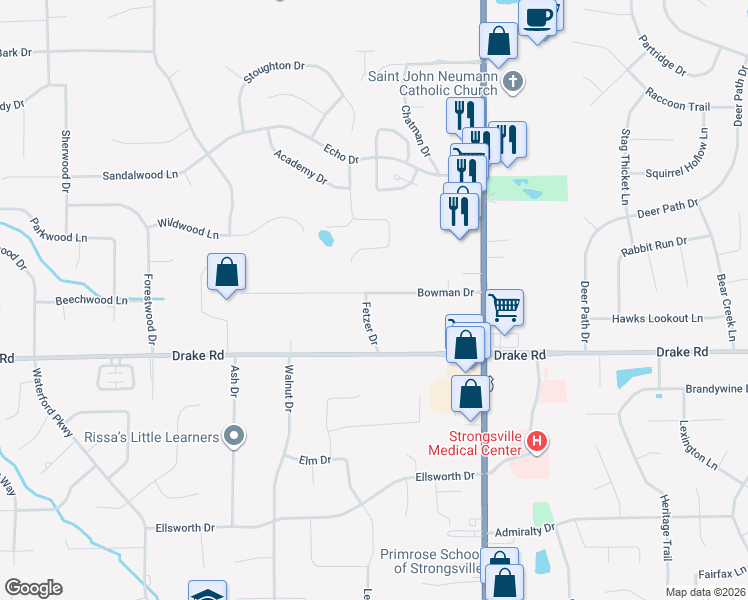 map of restaurants, bars, coffee shops, grocery stores, and more near 17337 Fetzer Drive in Strongsville